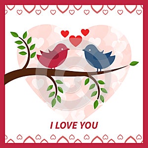 Lovers and happy birds on tree with hearts