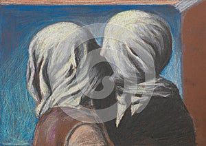 Lovers kiss, pastel drawing reproduction photo