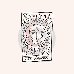 The Lovers moon and sun face celestial mystical whimsical Tarot logo or label, magic cards reader, hand-drawn sketch