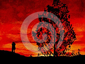 Lovers Red Sky Sunset Silhouette Painting