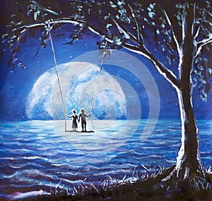 Lovers ride on swing, male man and girl woman against background of big moon. night blue ocean, sea waves, fantasy, romance, love,