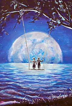 Lovers ride on swing, male man and girl woman against background of big moon. night blue ocean, sea waves, fantasy, romance, love,