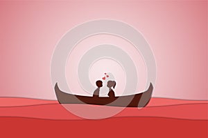 Lovers sit on a boat in the middle of the sea and have a sunset , paper art couple honeymoon , valentine day date , illustr
