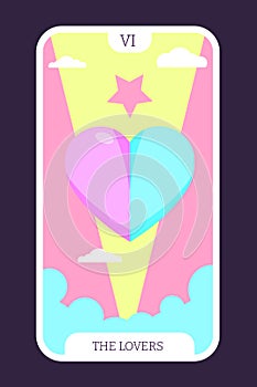 The lovers tarot cartoon flat card template major arcana. Taro vector illustration spiritual signs with esoteric magic