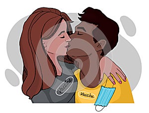 the lovers took off their masks after the vaccine and kissed. flat modern illustration.