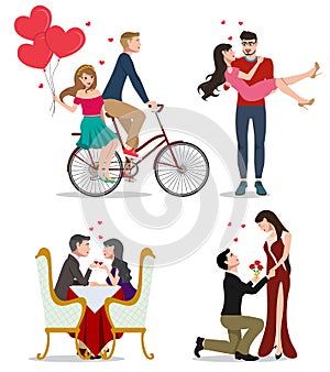 Lovers vector character set. Pairs of valentines couples in bicycle, dating