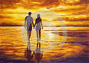 Lovers walking along the ocean shore at sunset oil painting