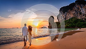 lovers walking on the beach with sunset
