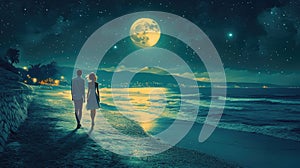 lovers walking on the beach at sunset. Selective focus.