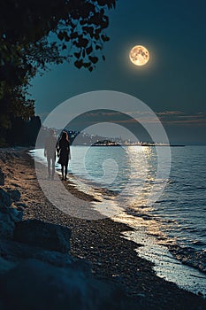 lovers walking on the beach at sunset. Selective focus.