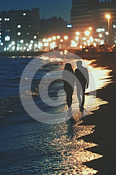 lovers walking on the beach at sunset. Selective focus.