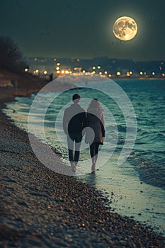 lovers walking on the beach at sunset. Selective focus.