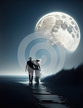 lovers walking together in the night