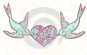 Lovers wedding birds with patterned heart