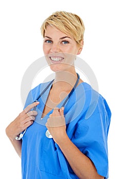 She loves being a surgeon. A young smiling female doctor with a stethoscope around her neck.