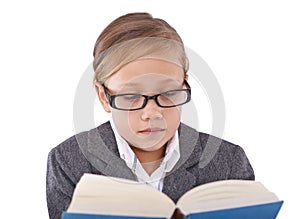 She loves reading. A little girl reading a book isolated on white.