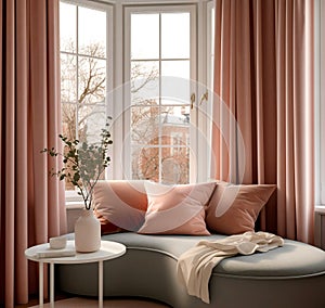 Loveseat with coral cushions against french window. Interior design of modern living room. Created with generative AI