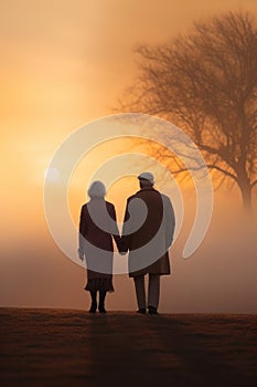 loving aged couple walking side by side and holding hands. back view, rear view, full view.