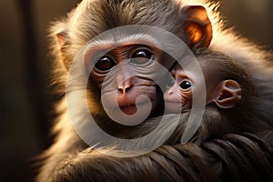 In loving arms, a monkey mother nurtures her precious little one photo