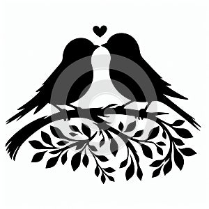 Loving birds on the branch of a tree clipart silhouette in black colour. Dove Vector illustration template