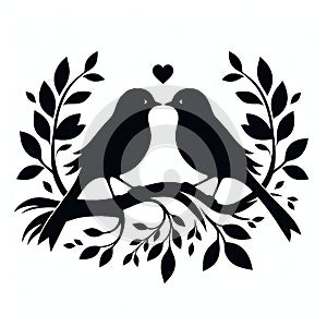 Loving birds on the branch of a tree clipart silhouette in black colour. Dove Vector illustration template