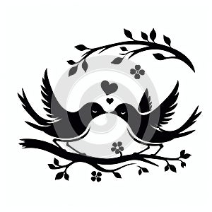 Loving birds on the branch of a tree clipart silhouette in black colour. Dove Vector illustration template