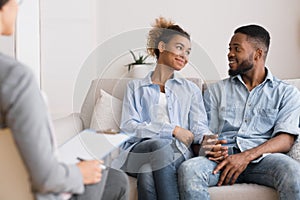 Loving Black Couple Visiting Therapy Session At Psychologist`s Office