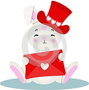 Loving bunny holding a valentine letter envelope