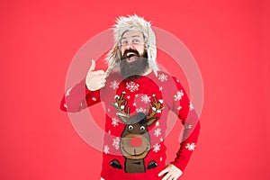 Loving cold weather. Happy new year. Join party. Winter outfit. Christmas sweater. Cheerful hipster bearded man wear