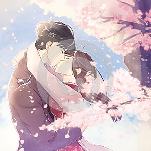 Loving Couple, Abstract Background. Japanese Couple Kissing in the Garden with Sakura or Cherry Blossom. Romantic View of the