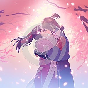 Loving Couple, Abstract Background. Japanese Couple Kissing in the Garden with Sakura or Cherry Blossom. Romantic View of the