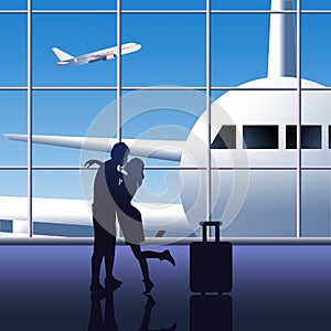 Loving couple at the airport ,vector color illustration