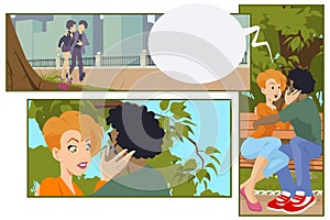 Loving couple on bench. Illustration for internet and mobile website photo