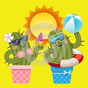 Loving couple of cactus with summer theme