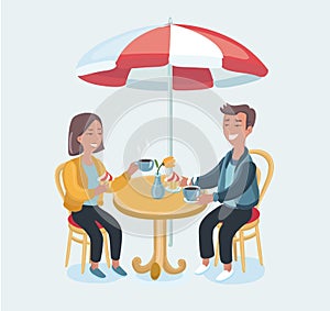 Loving couple in a cafe. Vector cartoon illustration in retro style