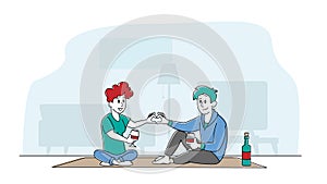 Loving Couple Characters Spend Time at Home Sitting on Floor Together Chatting, Drinking Wine Make Heart of Fingers