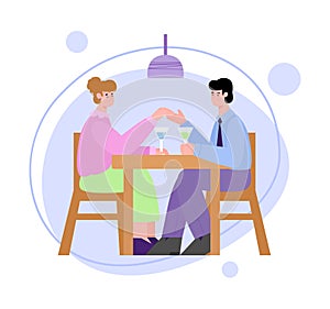 Loving couple dining together at table, cartoon vector illustration isolated.