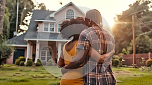 Loving Couple Embracing in Front of New Home at Sunset. Joyful Homeownership Experience Captured in a Warm Light. Ideal photo