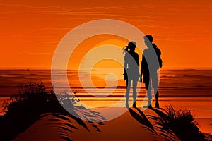 Loving couple embracing and looking moon on the beach in sunset sky background illustration. Love, happy valentine's