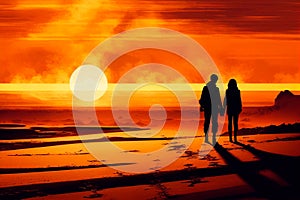 Loving couple embracing and looking moon on the beach in sunset sky background illustration. Love, happy valentine& x27;s