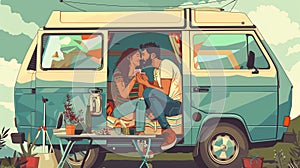 Loving couple enjoys leisure time playing cards and sharing a kiss in their camper van during a scenic road trip