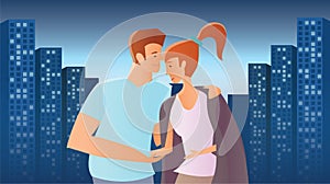 Loving couple in the evening city. Man and woman on the background of tall buildings with glowing windows. Vector