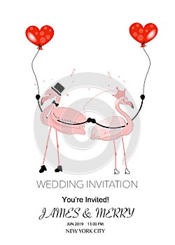 A loving couple of funny flamingos holding red hearts balloon. The concept of love. Wedding invitation. Valentine`s Day