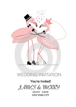 A loving couple of funny flamingos holding red hearts balloon. The concept of love. Wedding invitation. Valentine`s Day