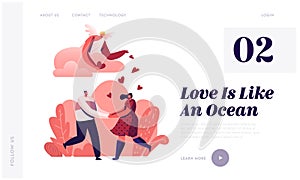 Loving Couple Having Dating Website Landing Page. Young Man and Woman Holding Hands Looking on Each Other with Love