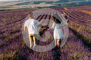 Loving couple holding hands on lavender fields. Happy couple on flower fields rear view. Man and woman traveling. Couple at sunset