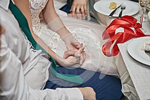 Loving couple holding hands on them wedding day