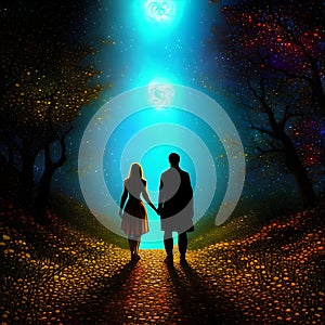 Loving couple holding hands under night sky