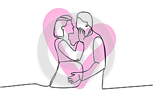 Loving couple hugging, spouses, pregnant woman one line art with colorful elements. Continuous line drawing of pregnancy