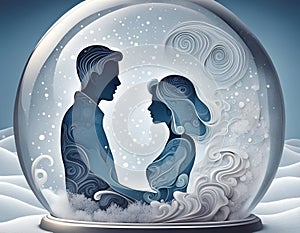 Loving couple inside romantic snow globe